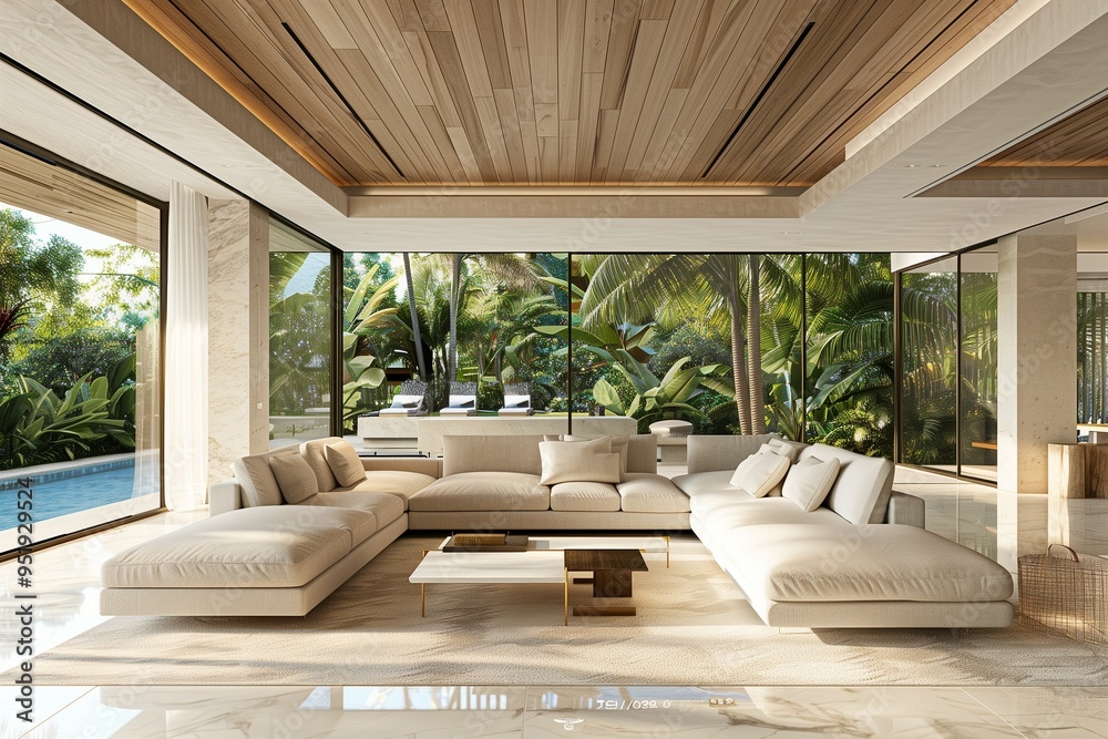 Obraz premium Luxurious modern living room with white marble floors, light wood ceiling and walls, large glass windows overlooking a tropical garden