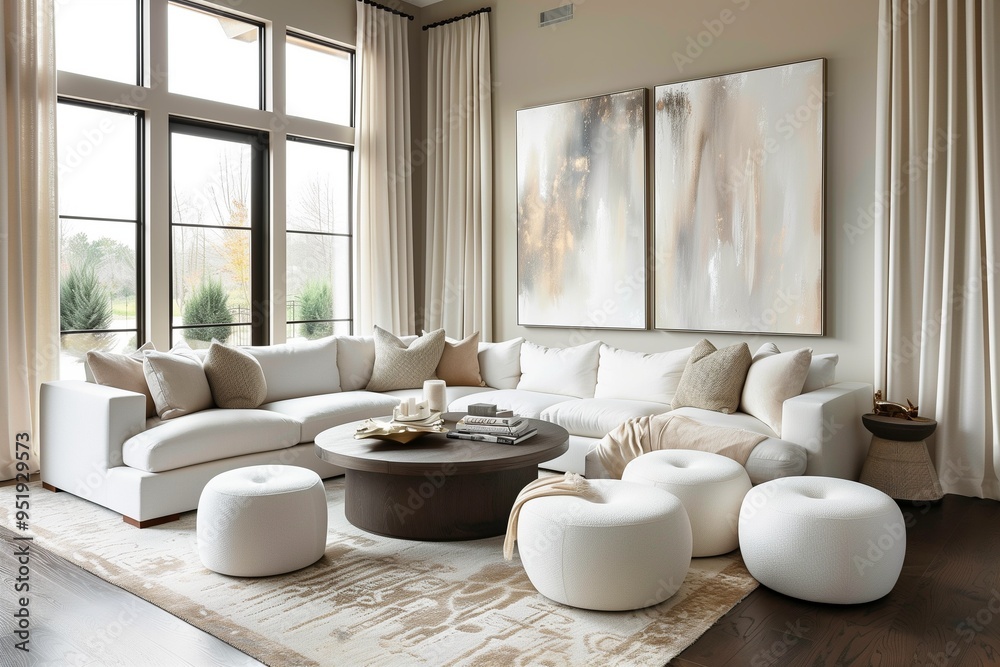 A large, elegant living room with an oversized white sofa and plush chairs arranged around it. A large, elegant living room with an oversized white sofa and plush chairs arranged around it.