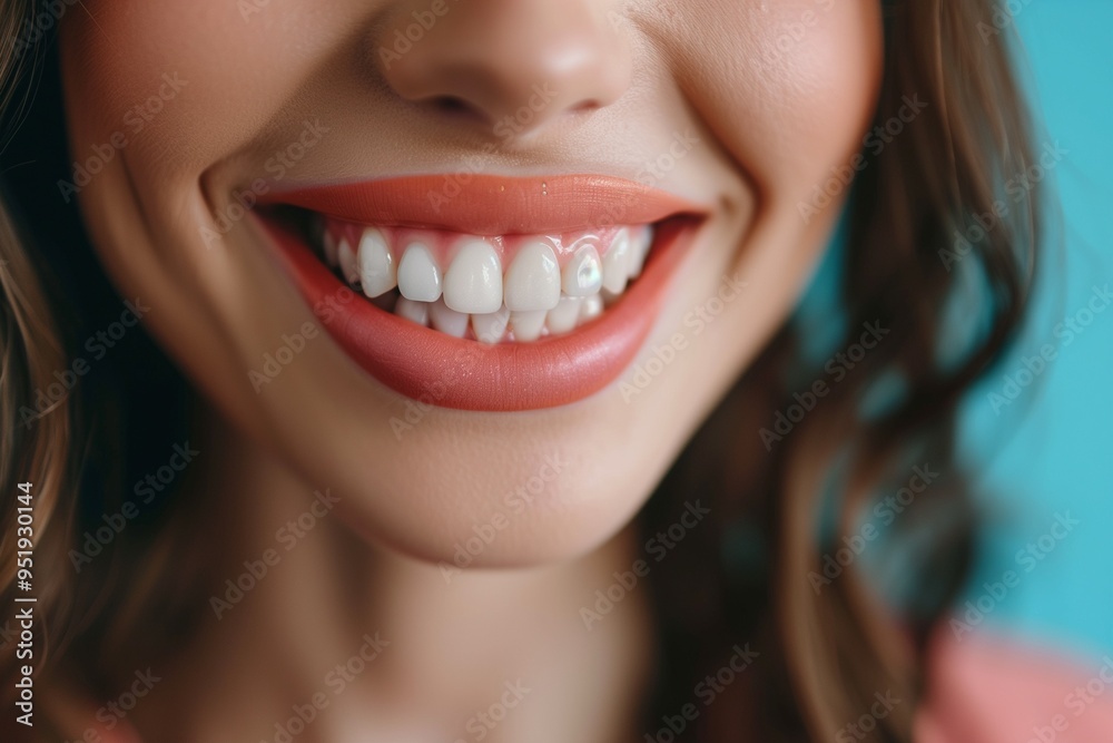 Close-up of a smiling woman with beautiful teeth against a blue background Close-up of a smiling woman with beautiful teeth against a blue background