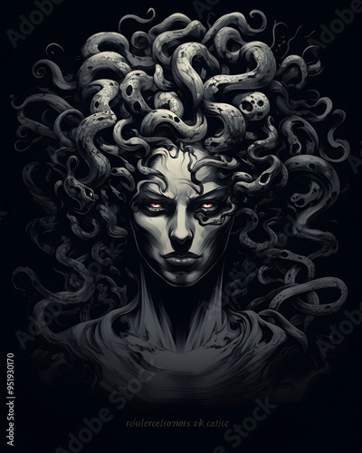 Medusa head lurked in the shadows illustration