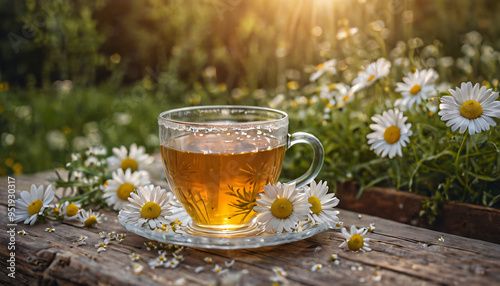 Chamomile Tea in a Glass Cup on a Wooden Table