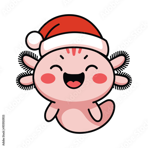 Cartoon Axolotl Wearing Christmas Festive Hat Illustration photo