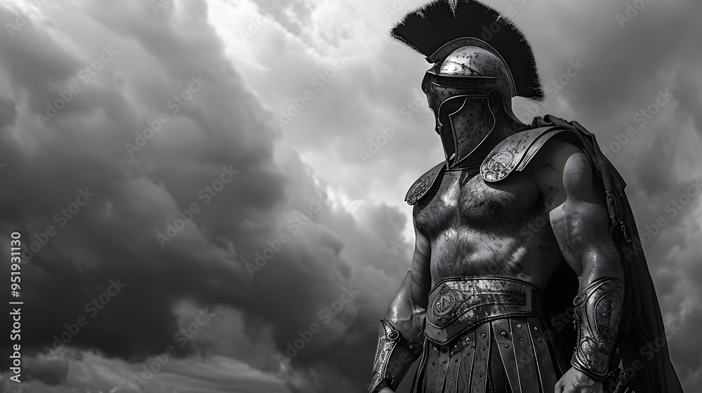 A brave Spartan warrior steps on the battlefield surveying the area. Black and white A brave Spartan warrior steps on the battlefield surveying the area. Black and white
