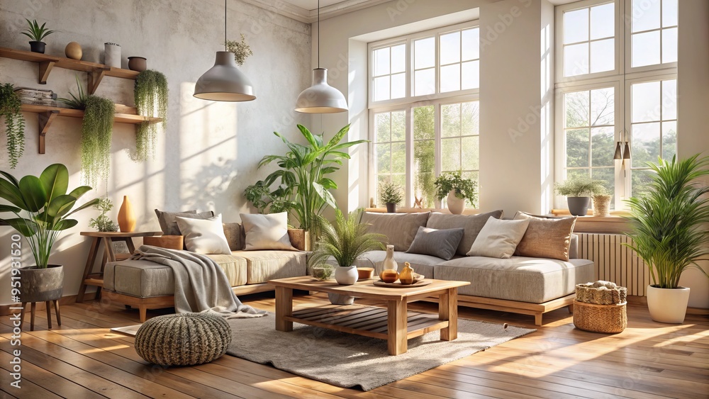 Fototapeta premium Warm minimalist Scandinavian living room with reclaimed wooden accents, natural textiles, and plants, captured in soft morning light with shallow depth of field.