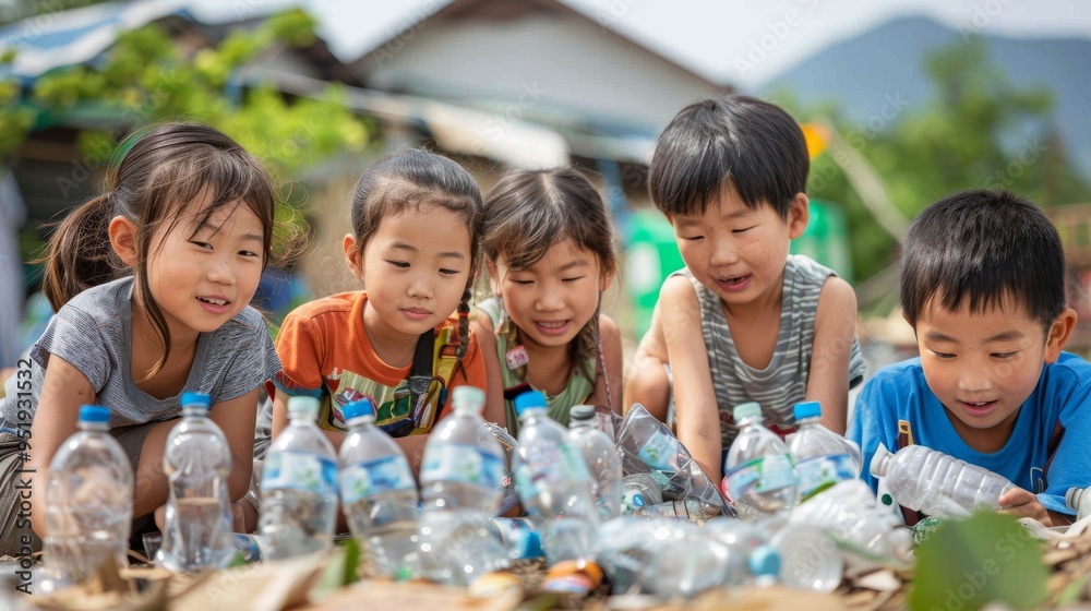 Children Collecting Plastic Bottles for Recycling Children Collecting Plastic Bottles for Recycling