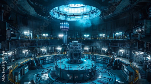 A highly detailed and realistic image of a nuclear fission reactor core illuminated by the blue glow of Cherenkov radiation, surrounded by intricate control panels and safety mechanisms, showcasing  photo