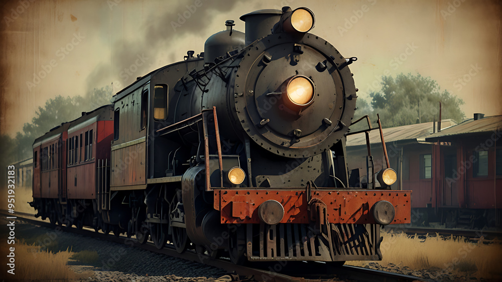 Naklejka premium Close-up of a steam locomotive's front, featuring the headlight and smokestack, emphasizing the vintage industrial feel, 8-bit style, retro style