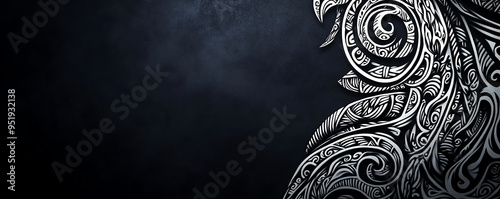Black and White Māori Tattoo Pattern Background, Dark Blue, High Resolution, Ideal for Design Projects