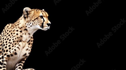 A cheetah rests in profile against a dark background, its striking spots illuminated by soft studio light, emphasizing its grace and beauty in this high-quality setup photo