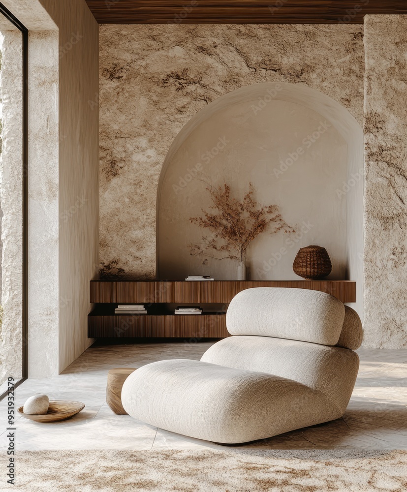 Fototapeta premium Modern minimalist living room with beige armchair featuring stone wall