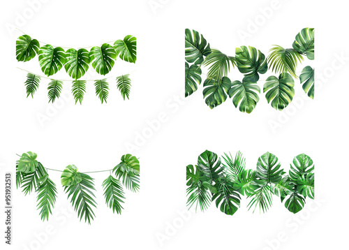Exotic green leaves for party decoration on white background
