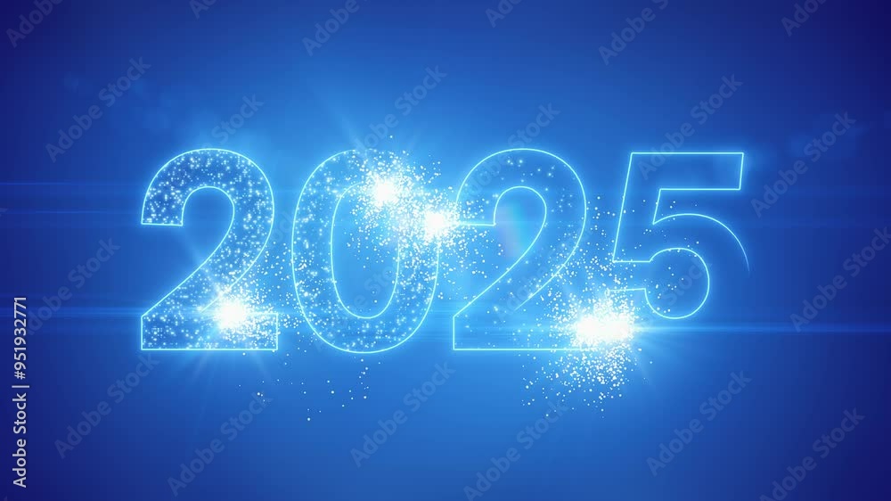 Video animation of abstract neon light with the numbers 2025 over blue background - represents the new year - vacation concept.