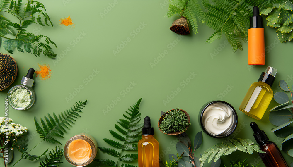 Organic skin care cosmetic products, natural plant ingredients on green background, copy space, banner. Bio science research, herbal skin care and eco lifestyle concept Organic skin care cosmetic products, natural plant ingredients on green background, copy space, banner. Bio science research, herbal skin care and eco lifestyle concept