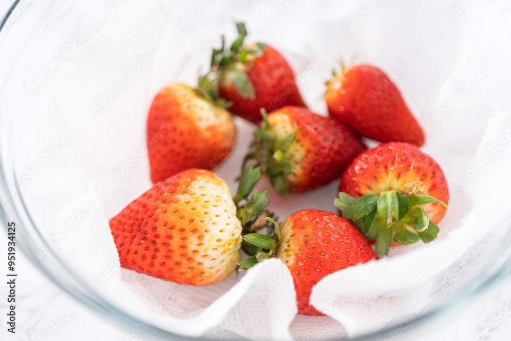 Washed and Dried Strawberries Neatly Stored in a Glass Bowl Washed and Dried Strawberries Neatly Stored in a Glass Bowl