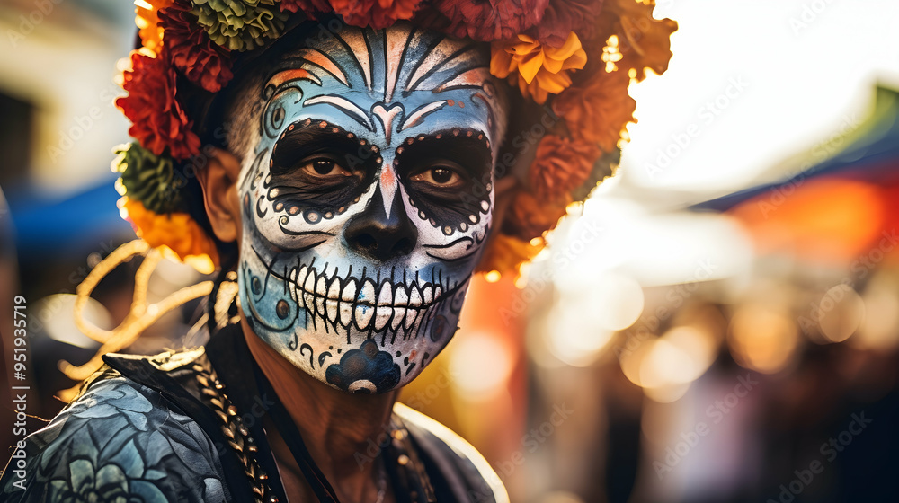 Elaborate face paint at the Day of the Dead celebration in Mexico,