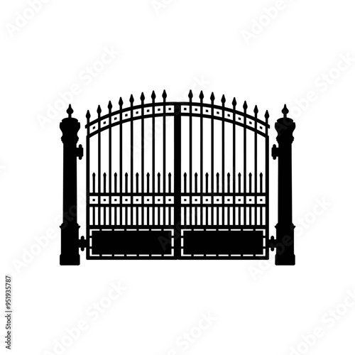 Arched metal gate with forged ornaments on a white background. Vector illustration.