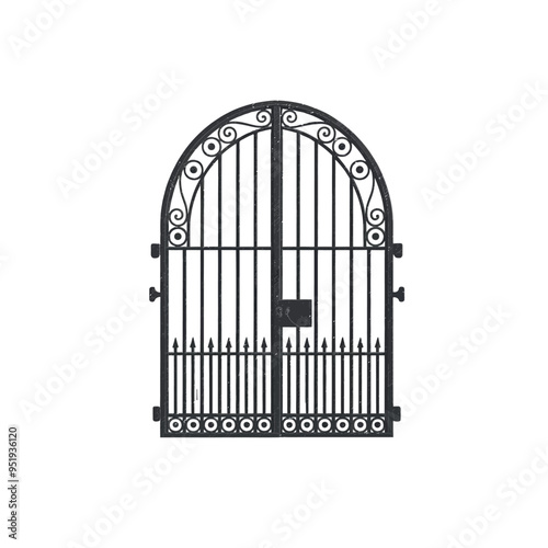 Arched metal gate with forged ornaments on a white background.  Ornamental gate vector illustration.