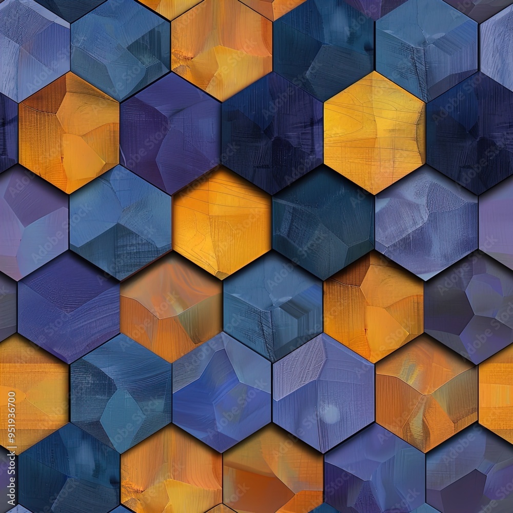 A vibrant and bold abstract geometric pattern features hexagonal shapes arranged in a honeycomb-like structure. The hexagons exhibit a rich texture with a blend of navy blue, indigo, and golden yellow A vibrant and bold abstract geometric pattern features hexagonal shapes arranged in a honeycomb-like structure. The hexagons exhibit a rich texture with a blend of navy blue, indigo, and golden yellow