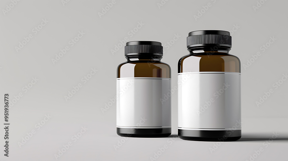 Two amber glass bottles with black lids and blank labels, one larger than the other, on a white background. Two amber glass bottles with black lids and blank labels, one larger than the other, on a white background.