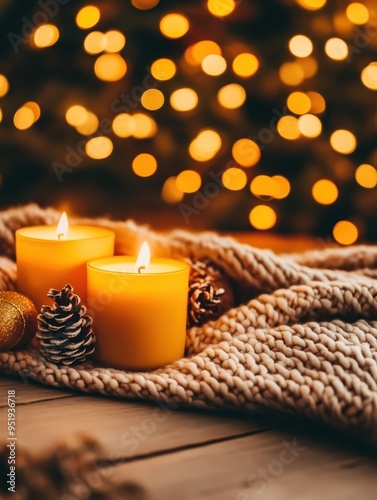 Cozy Christmas Atmosphere with Warm Candlelight and Festive Decorations on Knitted Blanket