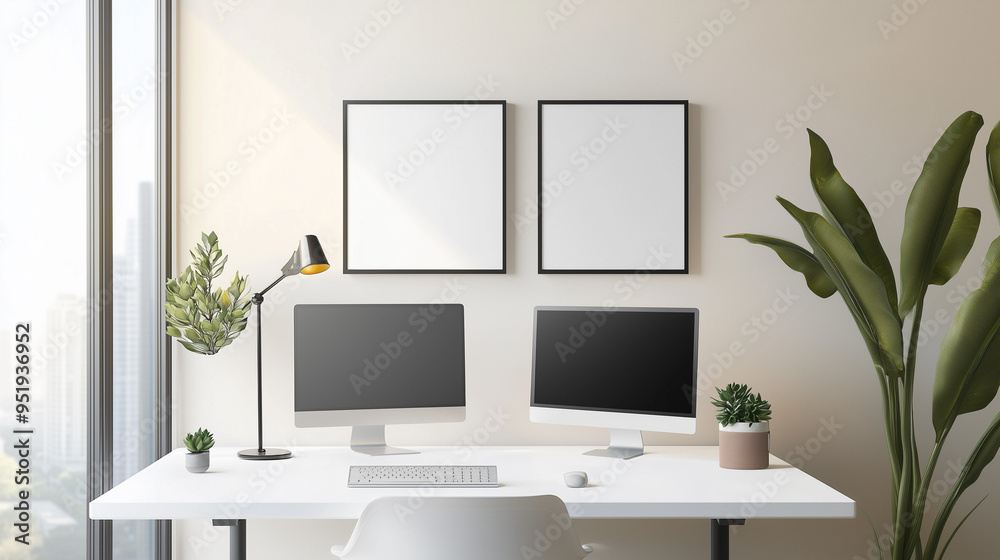 Fototapeta premium Stylish Office Setup With Dual Monitors Potted Plants And Vertical Frames