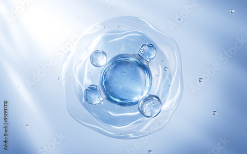 Abstract blue glass spheres, blue cells and molecules, 3d rendering.