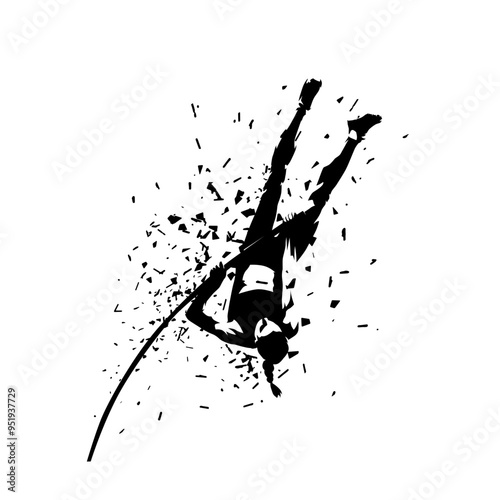 Pole vault, woman athlete, isolated vector silhouette, ink drawing