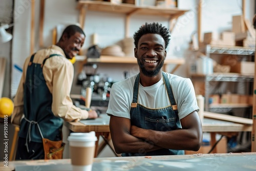 Masculine strength and skill: workers man in his woodworking. Generative AI