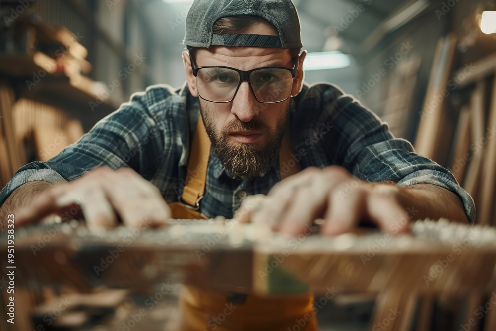 Masculine strength and skill: Close up of a worker man in his woodworking. Generative AI Masculine strength and skill: Close up of a worker man in his woodworking. Generative AI
