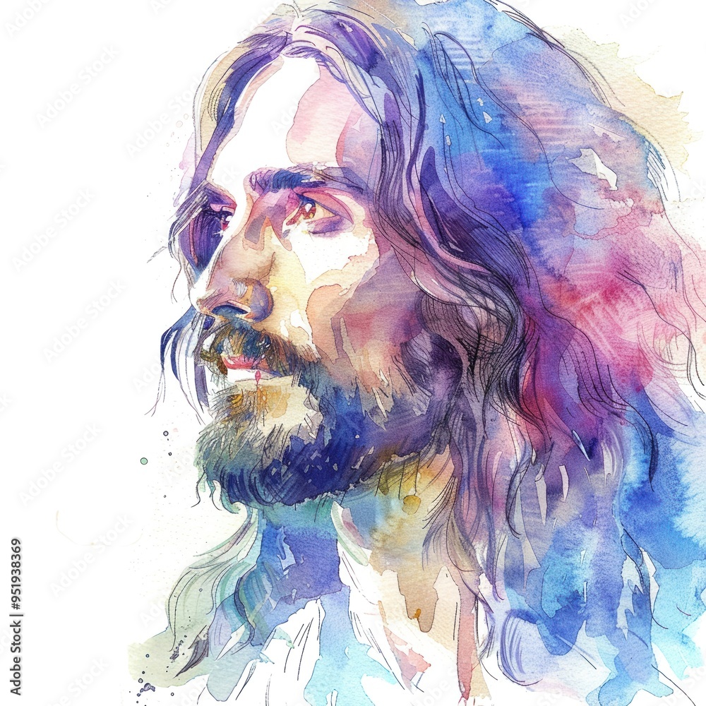 Artistic watercolor rendering of a serene Jesus face with flowing hair and peaceful expression Artistic watercolor rendering of a serene Jesus face with flowing hair and peaceful expression