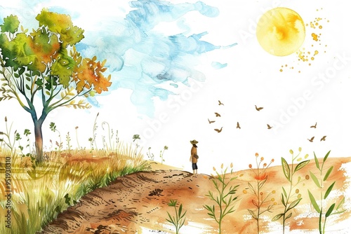 Artistic watercolor of the Parable of the Sower with seeds and soils