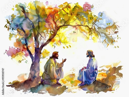 Detailed watercolor of Jesus and Zacchaeus capturing a moment of forgiveness and acceptance