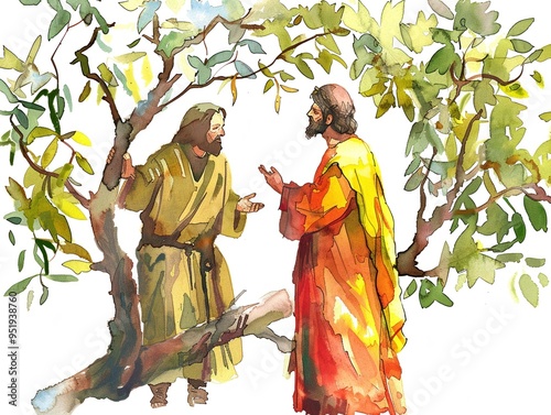 Detailed watercolor of Jesus and Zacchaeus capturing a moment of forgiveness and acceptance