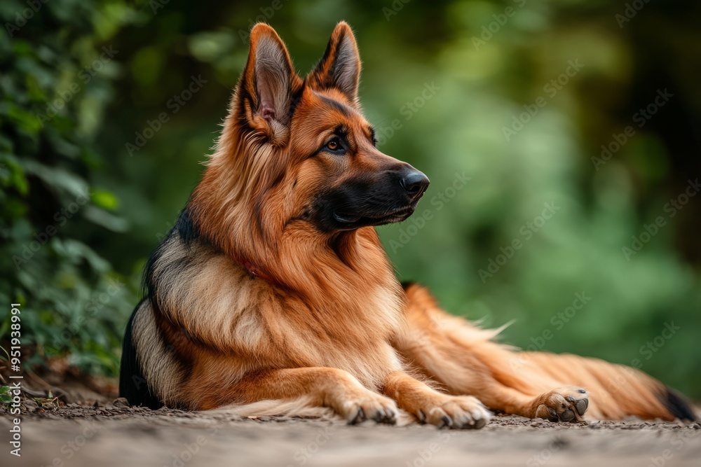 A beautiful German Shepherd rests gracefully in a serene outdoor setting. The warmth of its coat shines against the lush greenery. Perfect for pet lovers and nature enthusiasts. Generative AI A beautiful German Shepherd rests gracefully in a serene outdoor setting. The warmth of its coat shines against the lush greenery. Perfect for pet lovers and nature enthusiasts. Generative AI
