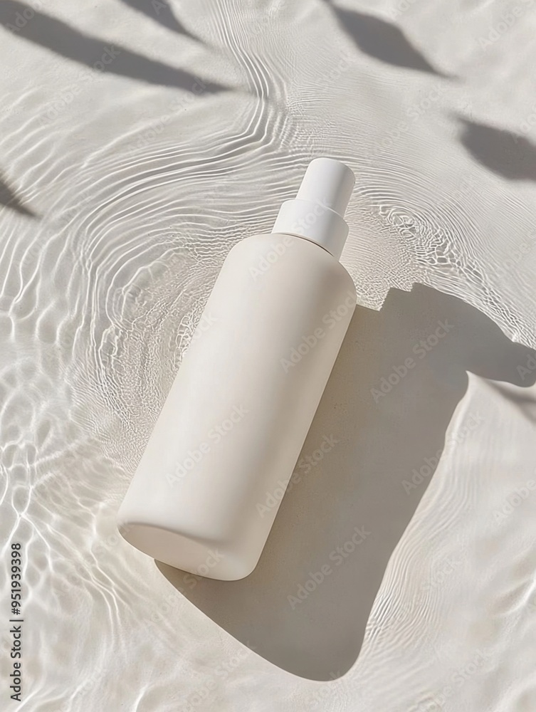 White cosmetic bottle lying on water surface with ripples White cosmetic bottle lying on water surface with ripples