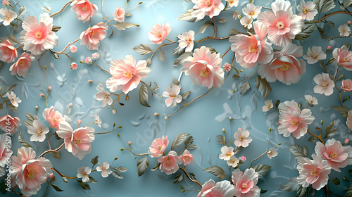 A wallpaper of a rococo blooms flowers dreamy intricate details pastel scheme blue gold tone fantasy fairytale aesthetic rococo luxurious style background