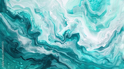 An abstract artwork featuring a mesmerizing blend of teal, turquoise, green, and white hues. The composition looks fluid and dynamic, with swirling patterns and gradients that give an impression of fl