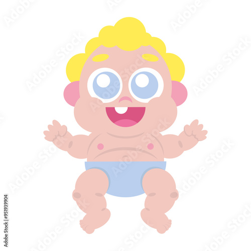 Cute baby with large wide open blue eyes, curly blond hair, happy expression big smile with one teeth and wearing blue diaper. Vector cartoon illustration isolated on white	