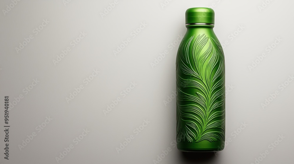 A reusable water bottle with nature inspired designs, placed on a minimal, clean background, creating a sharp focus on the organic patterns