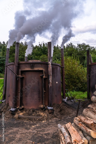 Traditional charcoal burning in retorts in Bieszczady Mountains in Poland