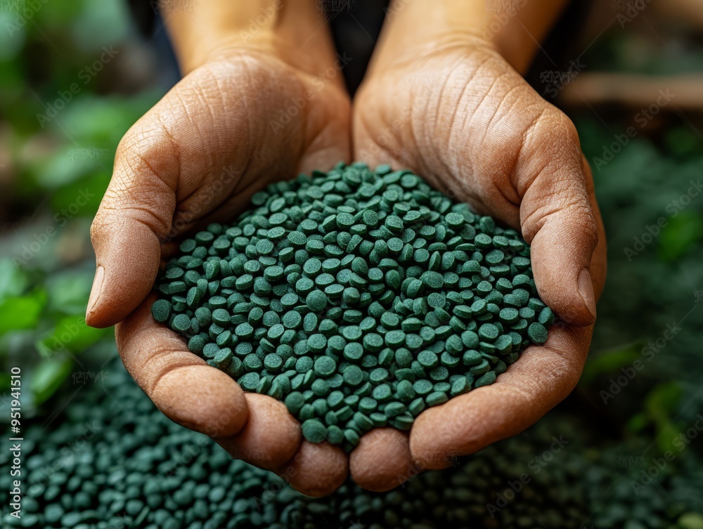 Green, homogeneous, round bioplastic granules in hands taken out of a bag, close-up Green, homogeneous, round bioplastic granules in hands taken out of a bag, close-up