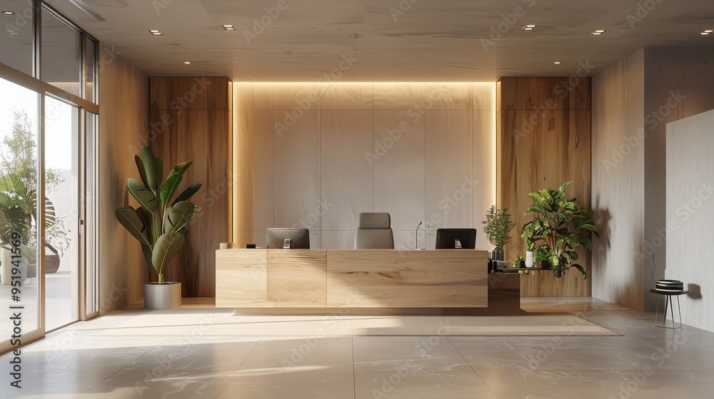 Fototapeta premium Modern Reception Desk Interior Design with Wooden Panels