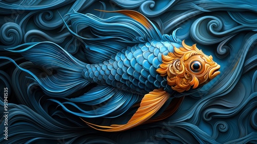 A fish swimming in water with ornate scale designs, surrounded by a wave like pattern in the background, creating a vivid, hyper detailed effect photo