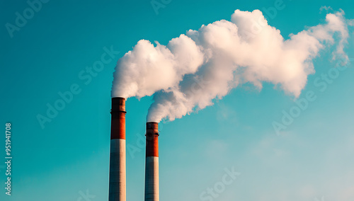 “Industrial Plant with Smoking Chimneys Against a Bleak Sky, Capturing the Stark Reality of Environmental Pollution and Industrialization, Ideal for Environmental Awareness Campaigns, Industrial-Theme