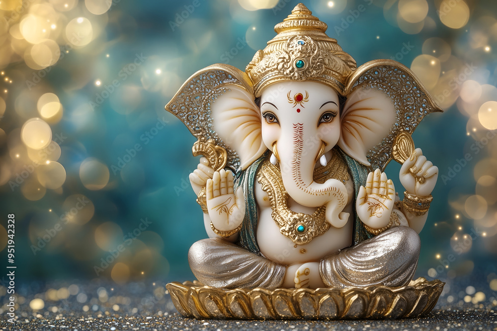 Fototapeta premium A statue of Lord Ganesh sitting on an elaborate throne.