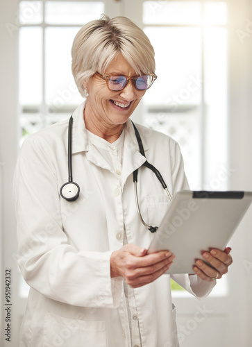 Mature woman, doctor and tablet for reading in hospital with contact, notification or scroll on telehealth app. Person, smile and email on digital touchscreen, review or monkey pox research in clinic