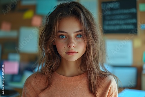 Dedicated Student Standing by Her Desk Concentrating on Completing Homework