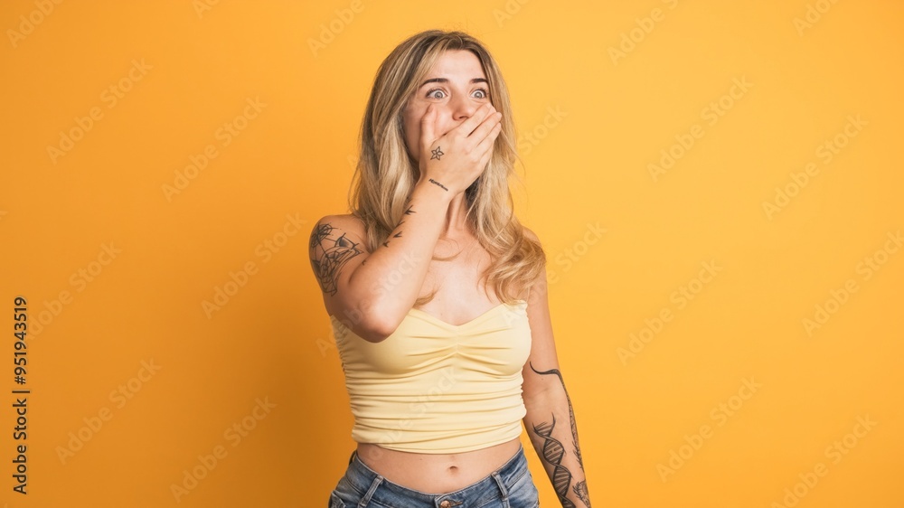 Smiling young woman standing with widened eyes on yellow background Smiling young woman standing with widened eyes on yellow background