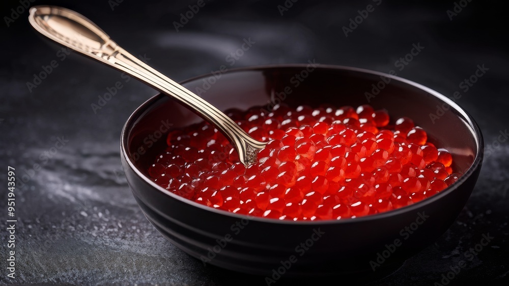 Promotional photo. Red caviar in a bowl with a spoon on a dark background with a place to copy the text. Promotional photo. Red caviar in a bowl with a spoon on a dark background with a place to copy the text.