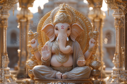 A statue of Ganesha, the Hindu deity, set against the backdrop of a temple’s architecture. photo